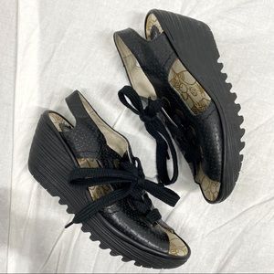 FLY LONDON Ylfa black leather perforated lace-up wedge sandals